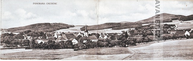 Panorama Chudenic od západu, 1922, vydáno nákladem Jindřicha Tomana, majitele koloniálního obchodu v Chudenicích
